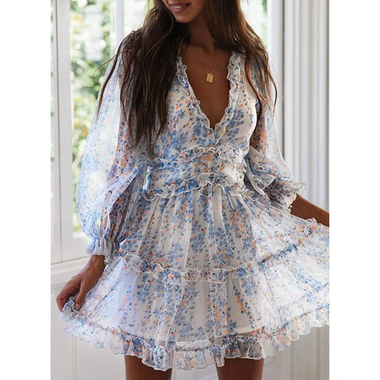 Dokotoo Womens Spring Summer Deep V Neck Ruffle Long Sleeve Floral Print Mini Dress