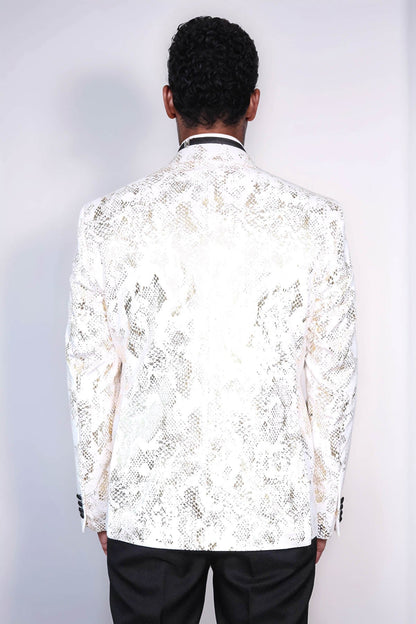 Peak Lapel Slim Fit Gold Patterned White Men Dinner Jacket - Wessi