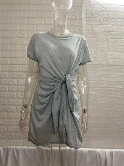 Dress Women Summer O-neck Short Sleeve Asymmetrical Lace Up Waist Solid Color Dresses 2022 Casual Vestidos Dropshipping JQMY9675